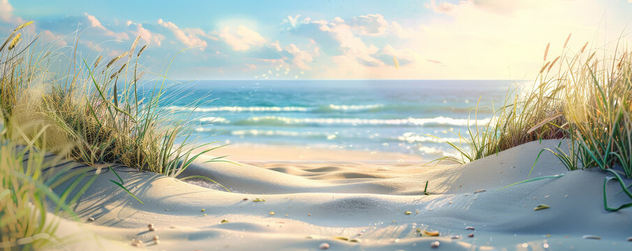 A tranquil beach backdrop with soft sand, gentle waves, and a bright sun, perfect for a relaxing and serene setting.