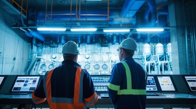 Engineers inspecting the control room of a hydroelectric dam