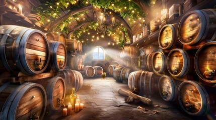 Rustic Cellar with Barrels of Fermented Wine Undergoing Aging Process