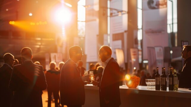 Diverse group of professionals enjoying drinks and socializing at a corporate event