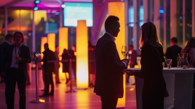 Diverse group of professionals enjoying drinks and socializing at a corporate event