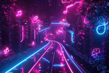 A glowing, neon path with musical notes leading through a futuristic, abstract landscape.
