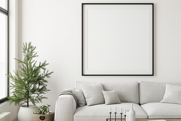 Frame mockup | modern interior design | large picture frame | light grey sofa with pillows | indoor pine tree in a pot | basket with plant | minimalist decor | window with natural light