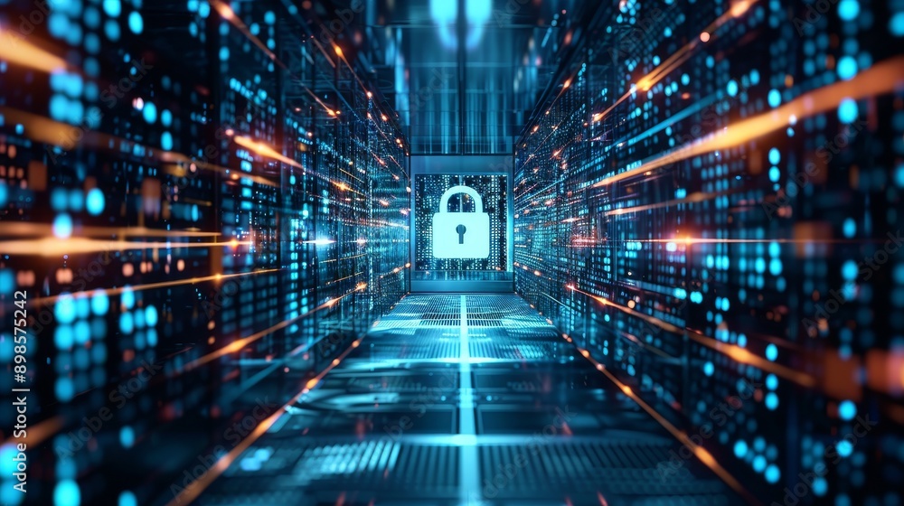Poster a glowing padlock symbol in a digital tunnel of data, symbolizing cybersecurity and data protection.