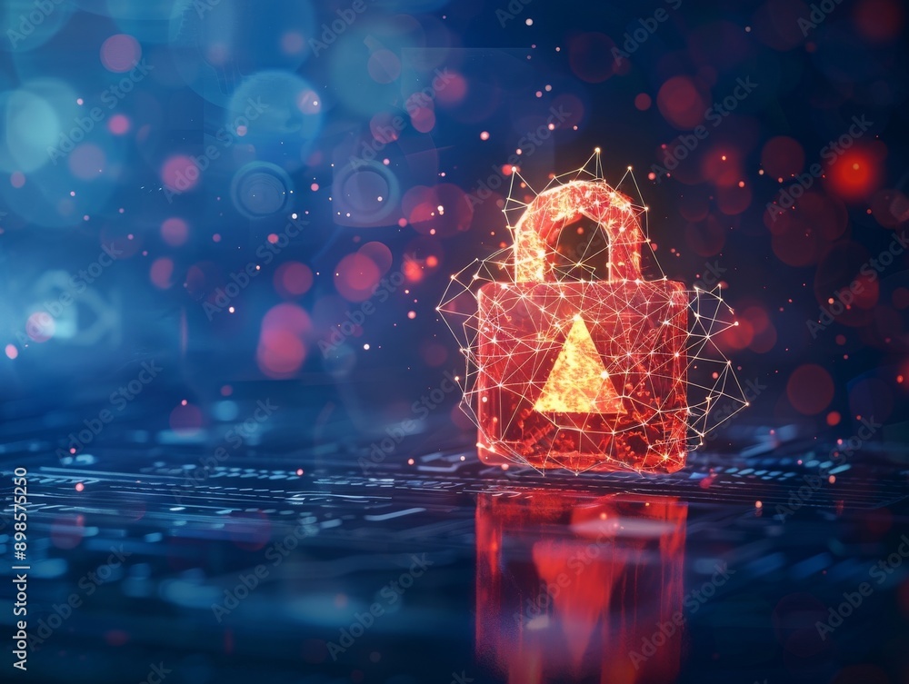 Poster a glowing red padlock with a triangle symbol, representing data security and cyber protection.