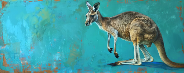 A charming painting of a kangaroo on a vibrant cyan background, showcasing the kangaroo's strong legs and alert expression.