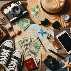 Items For Summer Holidays A Camera, Sunglasses, Cash, A Straw Hat, A Map And A Travel Plan. 