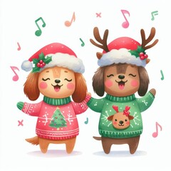 Fototapeta premium Two adorable dogs in Christmas sweaters sing carols surrounded by musical notes.