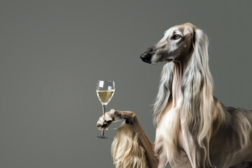 A graceful Saluki dog holding a champagne glass, looking elegant and focused with long silky ears against a neutral beige background