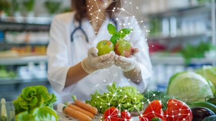Illustrating a nutrition analysis app scanning factory foods against a food safety tech backdrop, highlighting tech in food safety and nutrition content