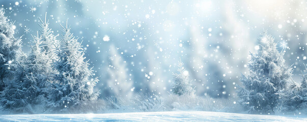 A snowy winter wonderland background with sparkling snowflakes and frosty trees, ideal for a festive and serene atmosphere.