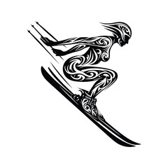 Obraz premium Skiing female player in ethnic tribal pattern illustration, emblem shield badge