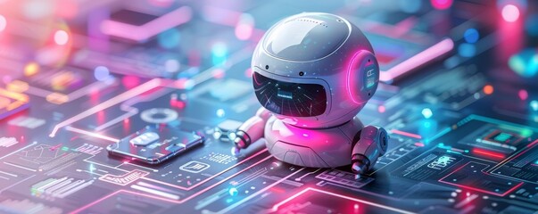Futuristic robot on digital interface with neon lights in a high-tech environment