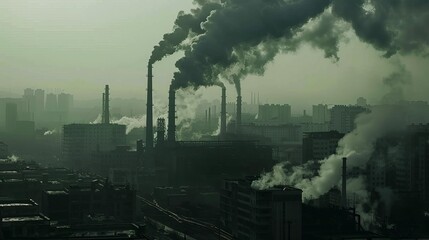 Obraz premium An industrial factory with smoke billowing out of its stacks. This image can be used to depict industrial pollution or manufacturing processes
