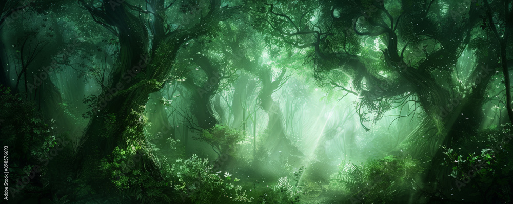 Wall mural a mystical forest backdrop with tall, ancient trees and a soft, ethereal light filtering through the