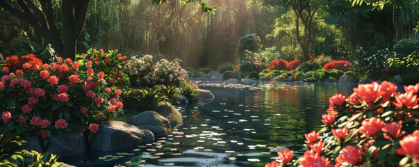 A peaceful garden background with blooming flowers, lush greenery, and a serene pond, ideal for a tranquil and relaxing atmosphere.