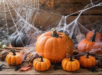 A collection of pumpkins and spider webs on a wooden table, perfect for fall-themed decoration.