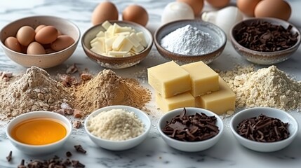 Baking Essentials - Assorted Ingredients for Cake Making on White Background