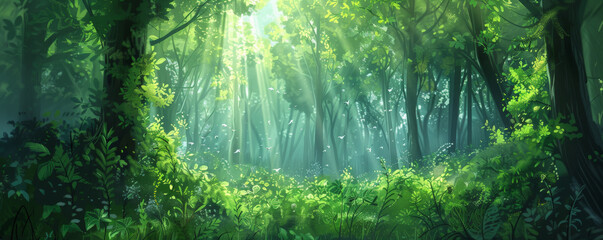 A lush green forest background with tall trees and dappled sunlight filtering through the leaves, creating a tranquil and natural setting.