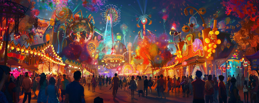 A vibrant festival backdrop with colorful decorations, cheerful crowds, and lively music, creating an exciting and joyful scene.