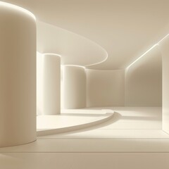 A minimalist white interior with curved walls and a single light source.  The space is clean and modern, creating a sense of calm and serenity.