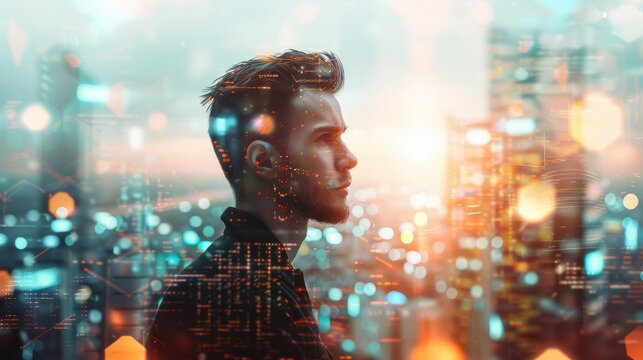 Side profile of a young man against a futuristic cityscape with glowing lights and digital elements