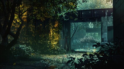 A mysterious, rain-soaked pathway winds through lush greenery, disappearing into the shadows of a shadowy archway.