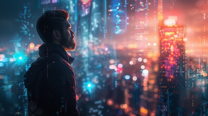 Futuristic cityscape with a man contemplating technology and digital data