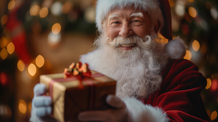 プレゼントを手渡すサンタ。クリスマス。AI生成画像