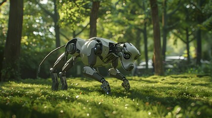 Robot Dog: A robot dog playing fetch in a park, with realistic movements and playful design.
