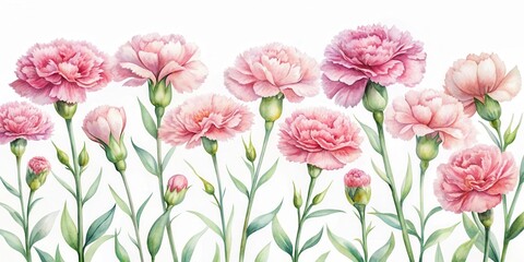 Watercolor of delicate pink carnation flowers, watercolor,pink, carnation, flowers, delicate, botanical, art, painting