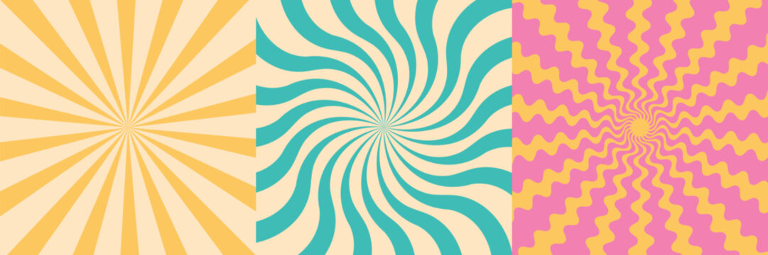 Vintage grunge colorful twisted spiral retro burst background vector. Groovy hippie 70s backgrounds. Waves, swirl, twirl pattern. Twisted and distorted vector texture in trendy retro psychedelic style