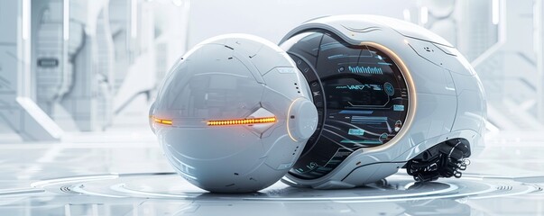 Futuristic robotic sphere with digital interface in a high-tech minimalist environment