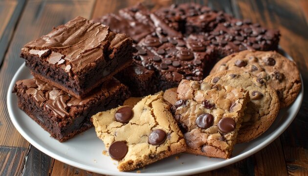 A plate of freshly baked chocolate chip cookies and brownies on a wooden table.