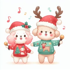 Two adorable dogs wearing Santa hats and Christmas sweaters sing carols with microphones.