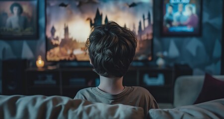 Fototapeta premium young boy watching movie program on TV at night at home