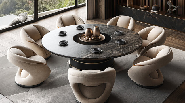night dining table and chairs inversion, disassembly, multiple perspectives, asymmetry, material expression, conceptual guidance Ultimate simplicity Modern Chinese Leather Sofa Chinese-style Zen Fusio