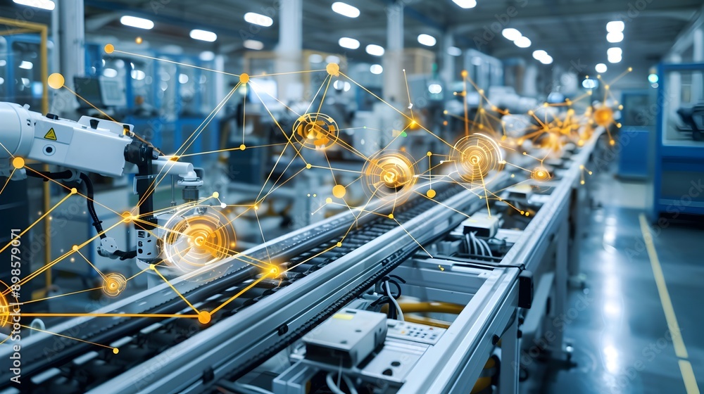 Poster smart automated factory with interconnected mesh lines representing machine communication