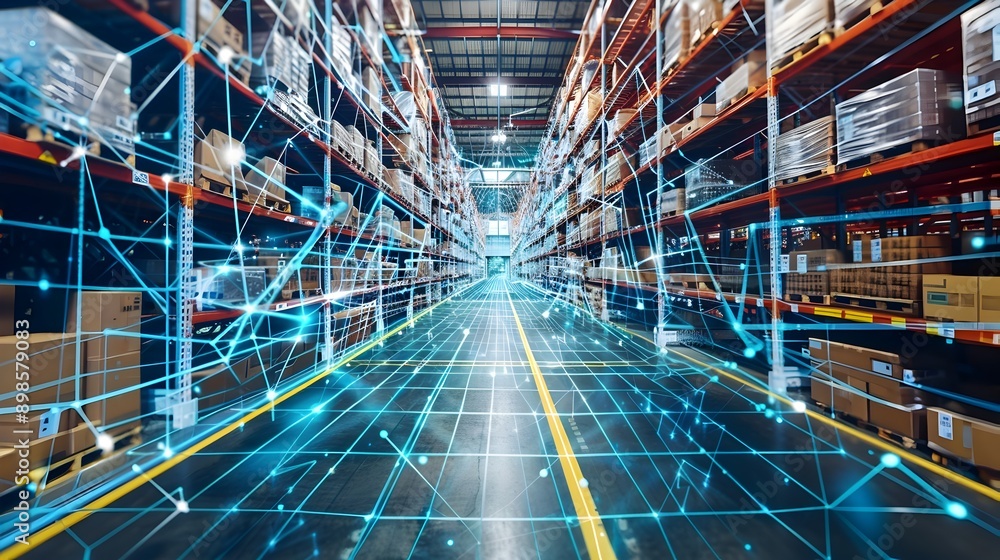 Poster automated e commerce warehouse with mesh lines visualizing logistics and inventory flow