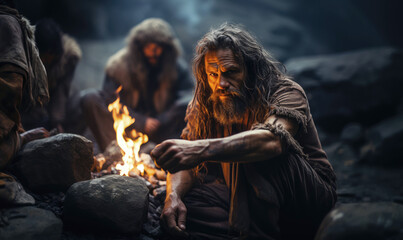 Making a fire in a cave, Neanderthal, primitive man, homo sapiens.	