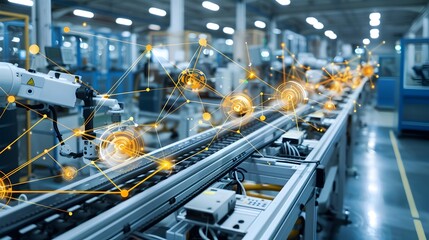 Smart Automated Factory with Interconnected Mesh Lines Representing Machine Communication