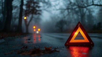 A red warning triangle sits on a wet road, illuminated by car lights in the distance.  The forest background is shrouded in fog.