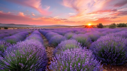 Obraz premium Breathtaking Lavender Field Bathed in Warm Sunset Glow