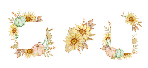 Obraz premium Watercolor autumn frames set with pumpkin, sunflowers, fall leaves
