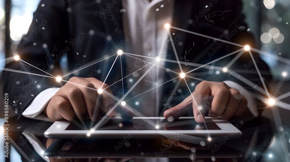 Poster businessman analyzing digital network connections on tablet device