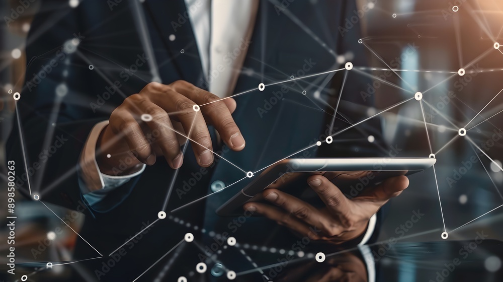 Aufkleber businessman utilizing tablet with mesh network connections for digital business solutions