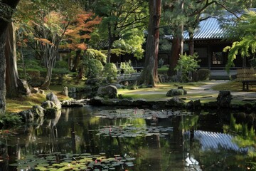 A serene Japanese garden with a pond, lush greenery, and a traditional house in the background. The sunlight filters through the trees, casting dappled shadows on the path.