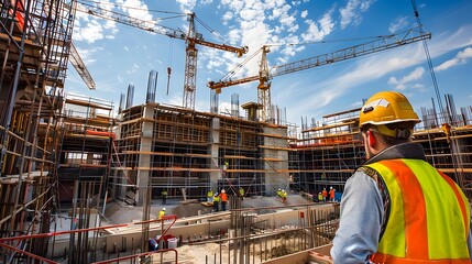 Fototapeta premium Busy Construction Site with Cranes Scaffolding and Safety Geared Workers