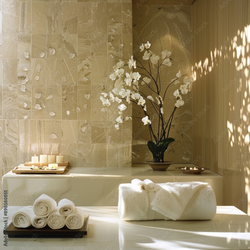 Poster a serene spa setting with white orchids, fluffy towels and candles on a marble surface. sunlight str