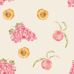 Seamless pattern in botanical style, kitchen textiles peaches grapes, pastel colors